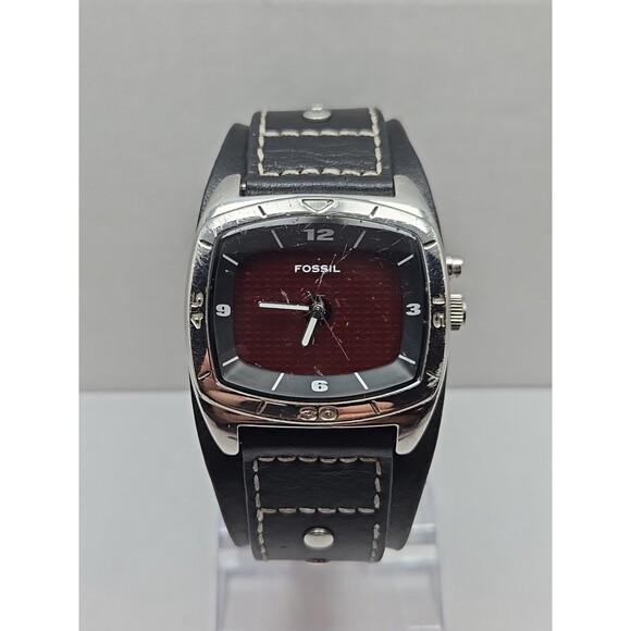 Fossil Kaleido Big Tic AM3696 Mens Watch Black Red Dial Cuff Leather New Battery - Picture 1 of 11